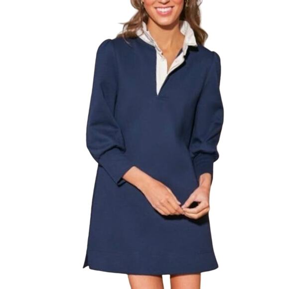 NWOT POMANDER PLACE Charlotte Terry Dress S Navy Ruffle Balloon-Long-Sleeve